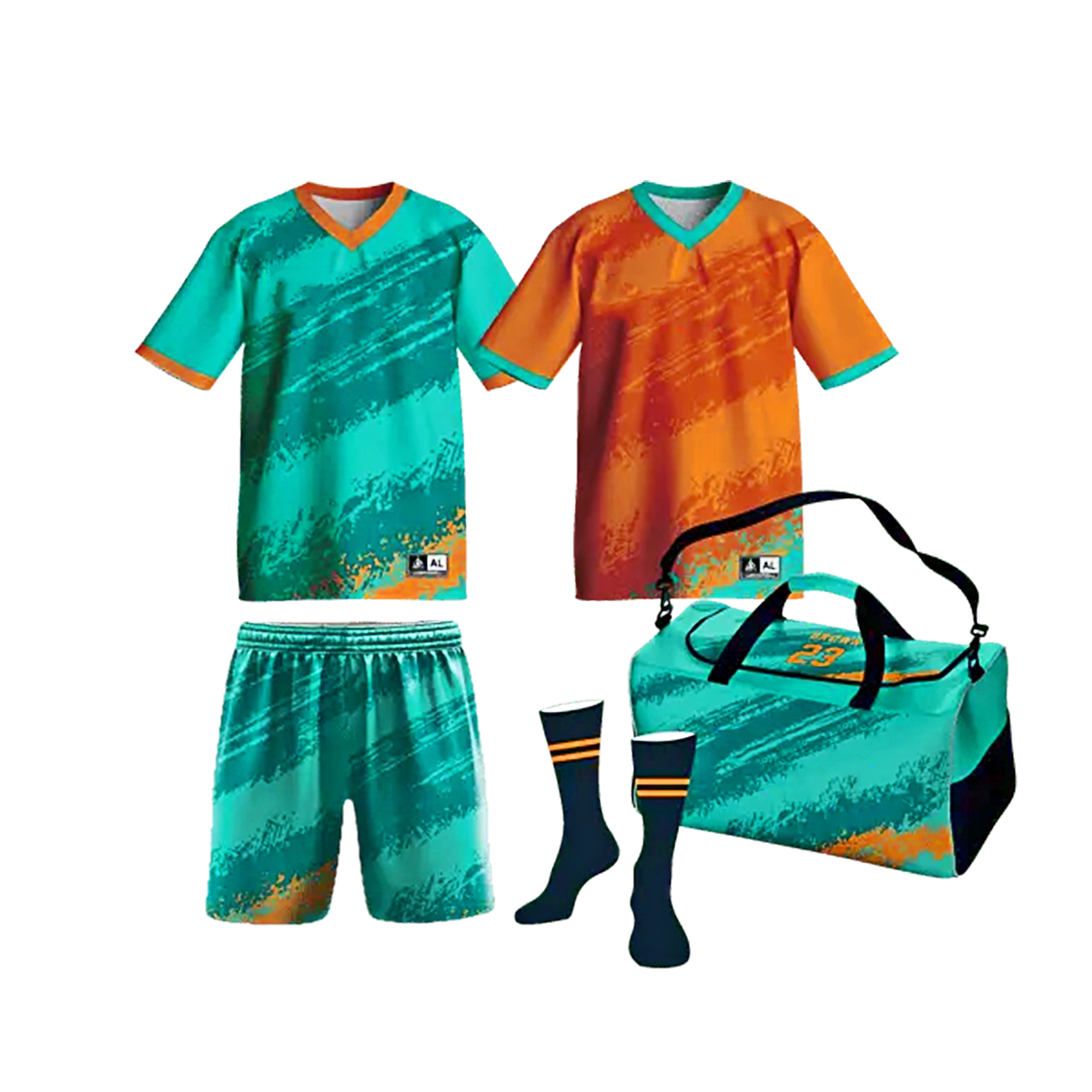 Home and Away Jersey (Short Sleeve, V-neck, Yoked), Shorts, Socks, and Duffle Bag